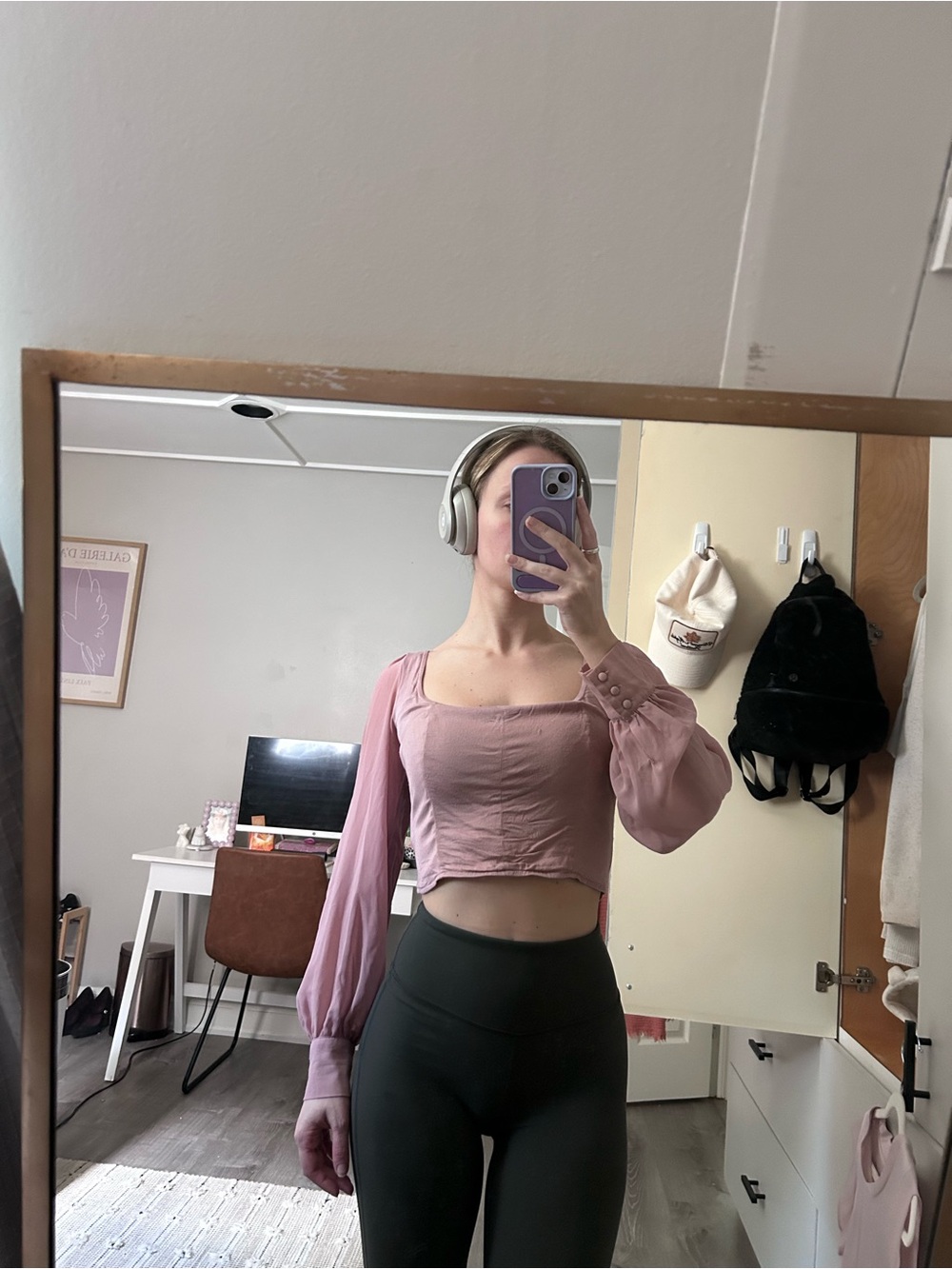 EUC Urban Outfitters (UO) light pink cropped blouse with square neck long sleeve